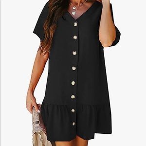 legant V Neck Short Sleeve Button Down Loose Fit Ruffle Mini Dresses Small Black